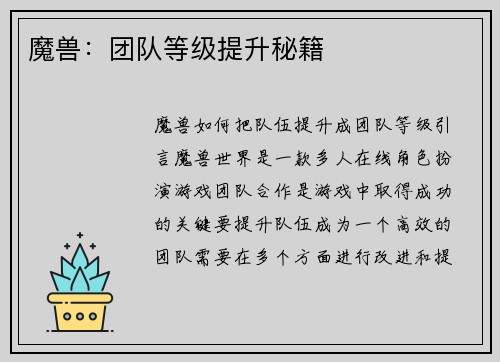 魔兽：团队等级提升秘籍